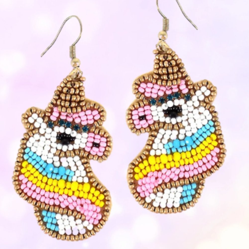 Seed Bead Rainbow Unicorn Earrings NEW